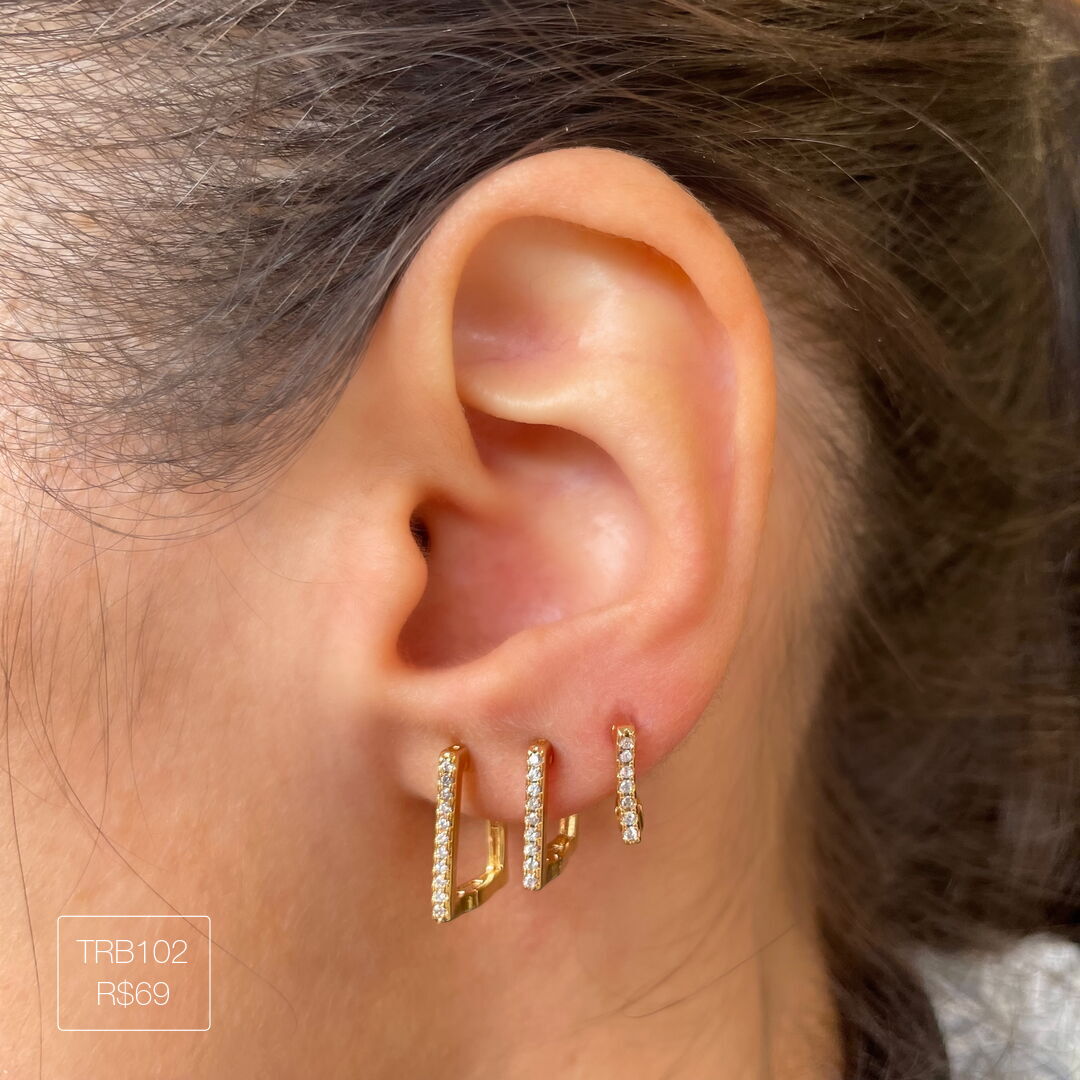 Trio Argola Quadrada Cravejada Delicada Cristal Dourada